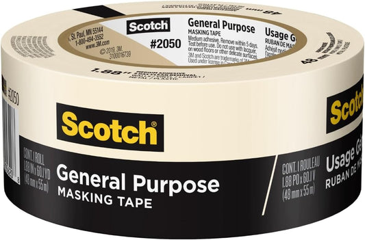 Scotch General Purpose Masking Tape, 1.88 in x 60.1 yd, Beige, Sticks for Up to 5 Days, Removes Easily Without Leaving Sticky Residue, Easy-to-Tear Masking Tape (2050-48MP)