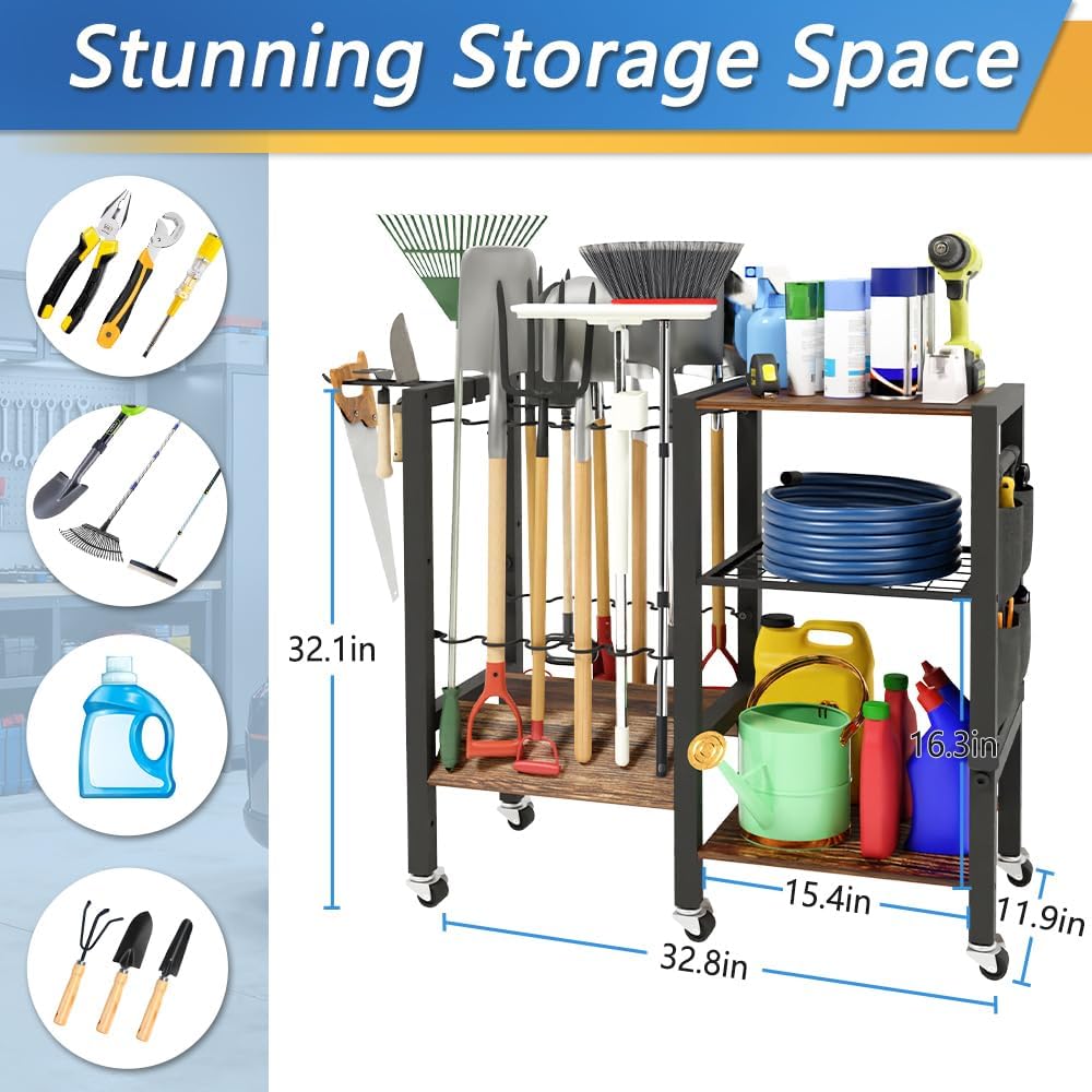 Garden Tool Organizer with Lockable Wheels, Heavy Duty Yard Tool Storage Rack for Shovels and Rakes, 3 Tier Lawn Care Utility Holder with hooks for Garage, Shed, Yard and Laundry Room