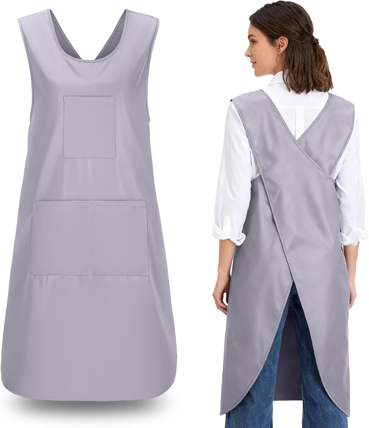 Japanese Cross Back Cooking Aprons, Polyester Pinafore Dress with 3 Po