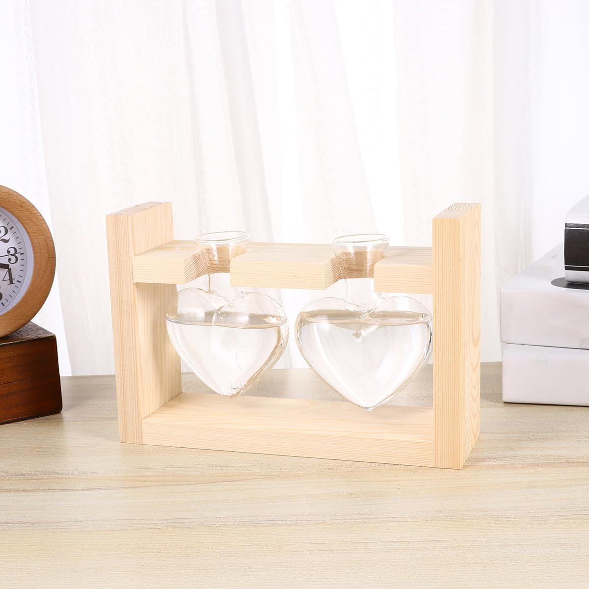 Heart-Shaped Glass Vases with Wooden Frame, Hydroponic Planter Contain