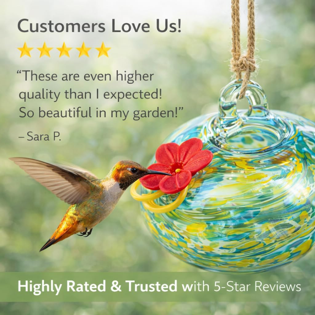 Adkoat® 6PCS Hand Blown Glass Hummingbird Feeders for Outdoors Hanging - Artistic Mini Nectar Feeder Set with Red Flower Ports - Colorful Garden Suncatcher Decor & Unique Gifts for Women Mom Grandma