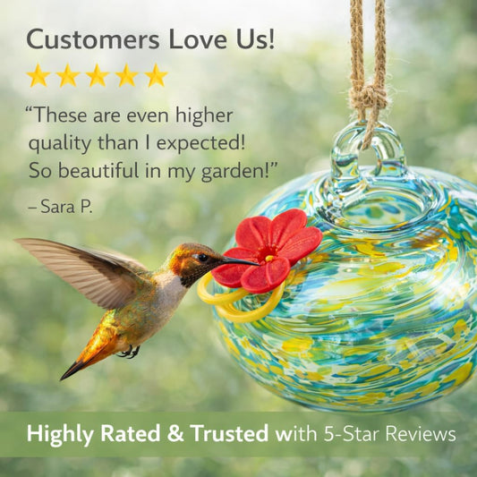 Adkoat® 6PCS Hand Blown Glass Hummingbird Feeders for Outdoors Hanging - Artistic Mini Nectar Feeder Set with Red Flower Ports - Colorful Garden Suncatcher Decor & Unique Gifts for Women Mom Grandma