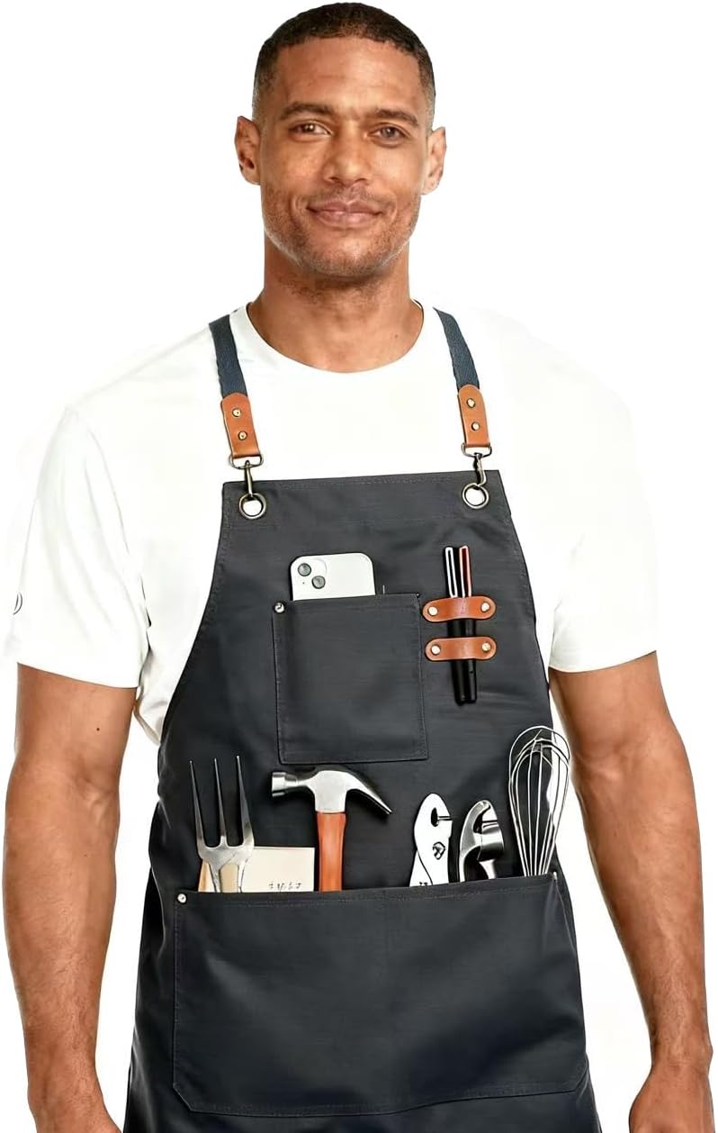 Unisex Canvas Apron - Water-Resistant, Breathable with Large Pockets for Gardening, Grilling, Lawn Care, Kitchen & Cleaning