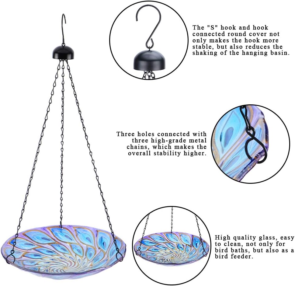 VCUTEKA Hanging Bird Baths Outdoor Glass Peacock Birdbath Birdfeeder f