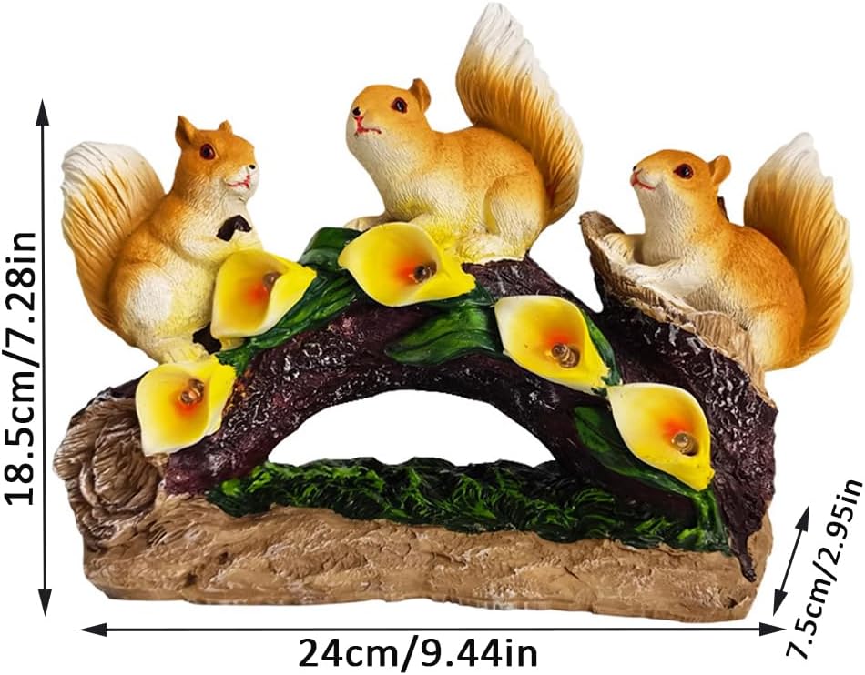 Solar Resin Squirrel Garden Statue with 5 LED Night Lights -Hand Carved, Weather Resistant Outdoor Solar Yard & Balcony Ornament