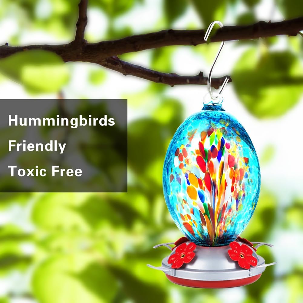 2 Pack Unique Hand Blown Glass Hummingbird Feeders for Outdoors Hanging Patio Garden Decorations Hummingbird Feeder with Ant Moat Hook Brush and Service Card (Blue and Fire)