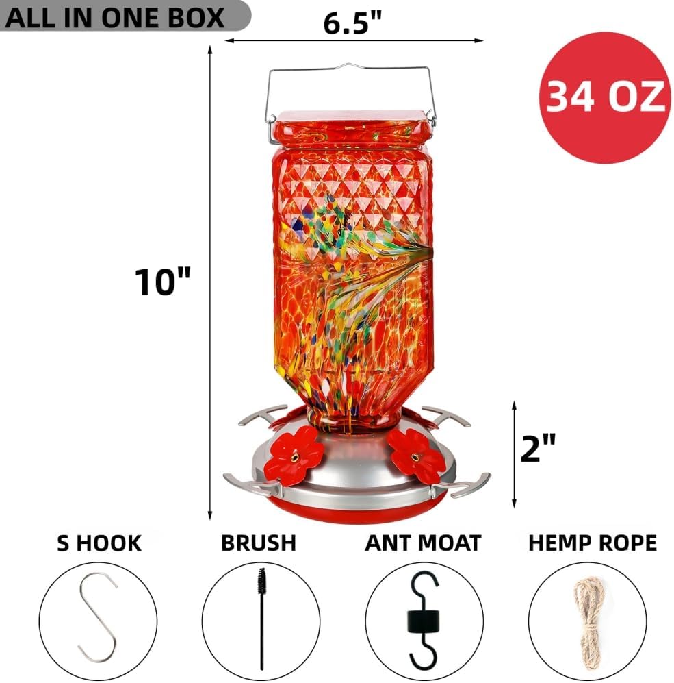 Hand Blown Glass Hummingbird Feeder for Outdoors Hanging Square Chaning Color 38 OZ Humming Birds Feeders with Accessories Gift for Women Mom (Red)