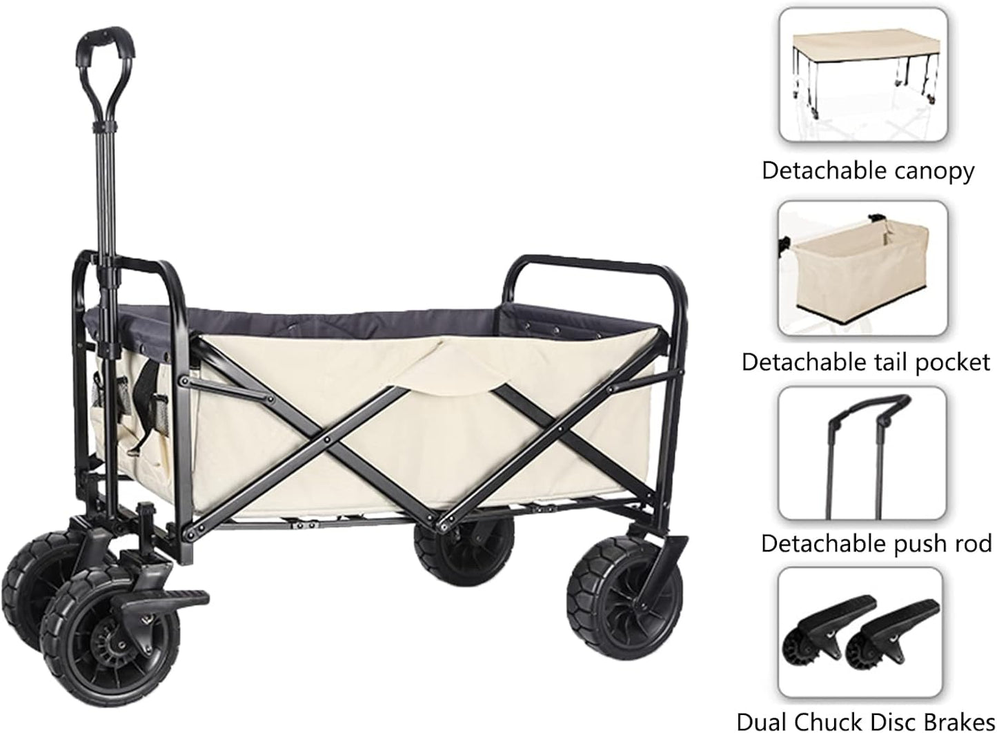 Collapsible Folding Wagon with Canopy - Portable Garden Cart, Off-Road Wheels, 220lbs Capacity, Ideal for Beach, Camping, Grocery, Sports - Beige Utility Trailer