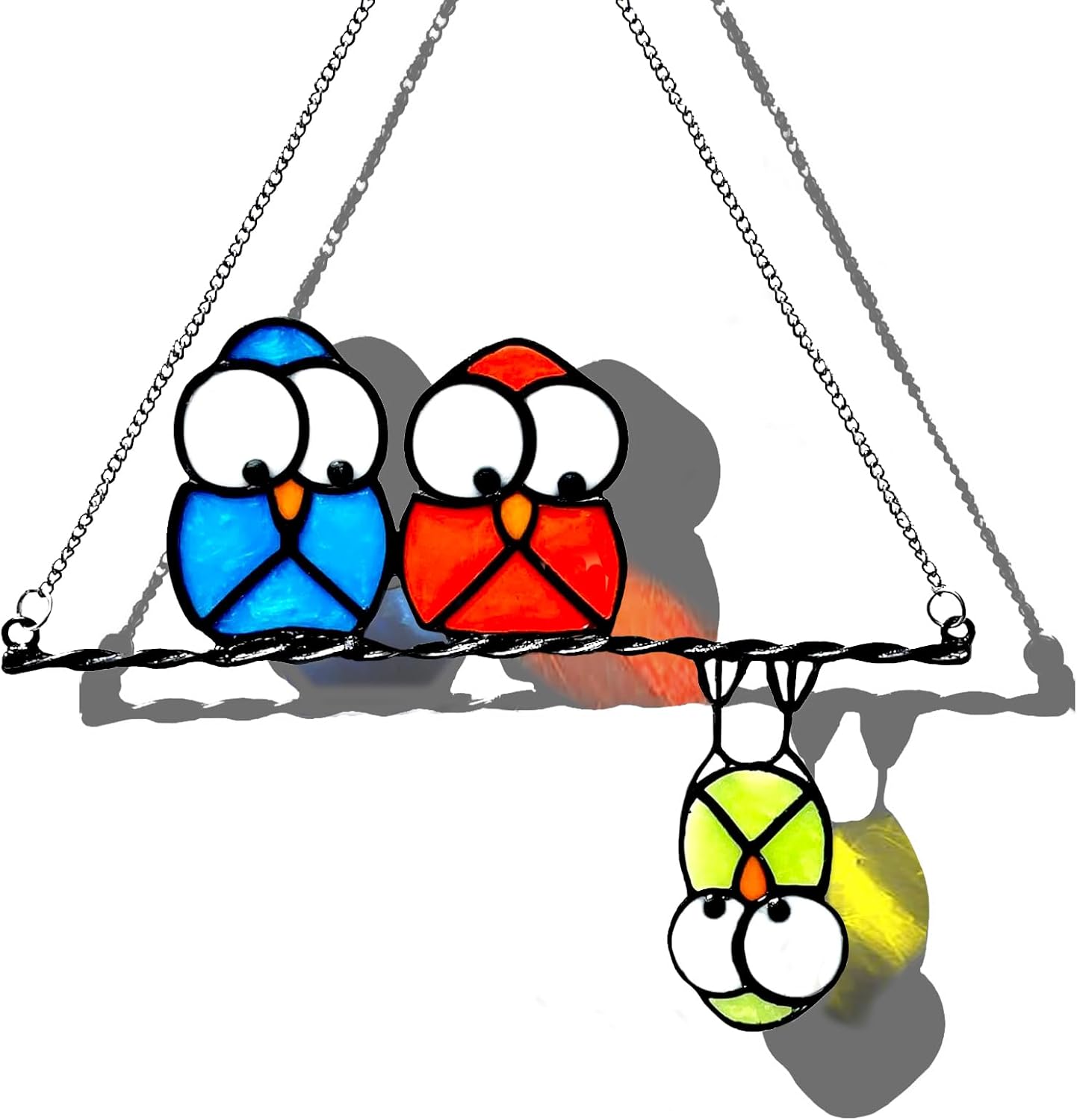 Multicolor Owls on a Wire High Suncatcher Panel, Bird Suncatcher for W