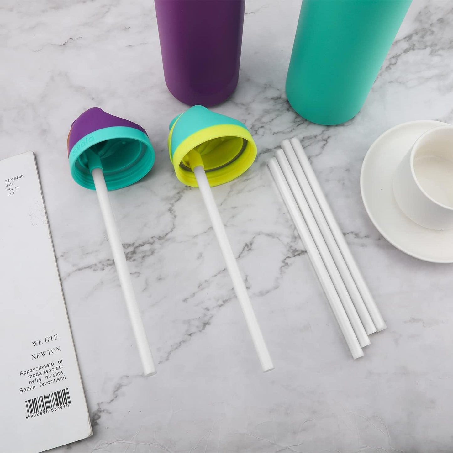 6PCS Replacement Straws for Owala Water Bottle 24 oz 32 oz, Reusable Plastic Straws with Cleaning Brush for Cup 24oz 32oz Travel Tumbler Accessories Parts for Sports Bottle(White)