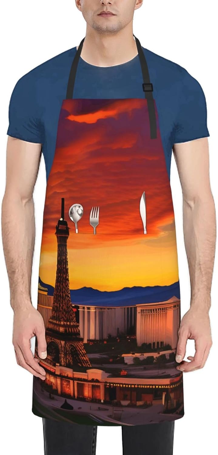 YANYU Las Vegas Sunset Print 28x33 In Kitchen Apron Stylish Chef Apron with Pockets for Cooking Baking Painting