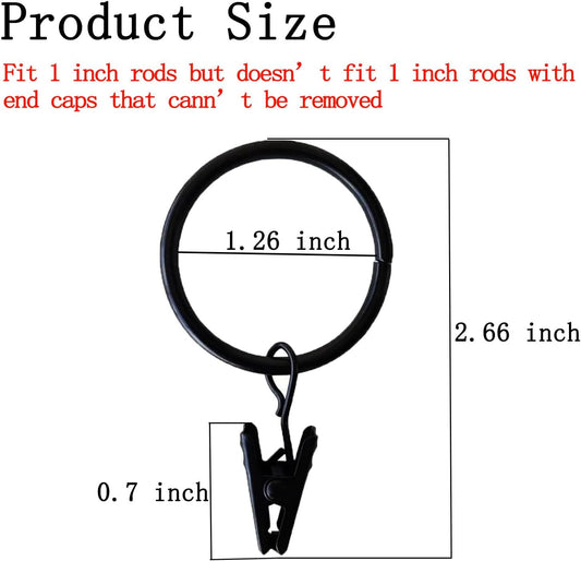 16 Pack Curtain Rings with Clips, Window Clip Rings Black Curtain Hooks Hangers Clip Rings for Hanging Drapery Drapes Bows, Small 1.26 Inch in Diameter, Fits up to 1" Rod
