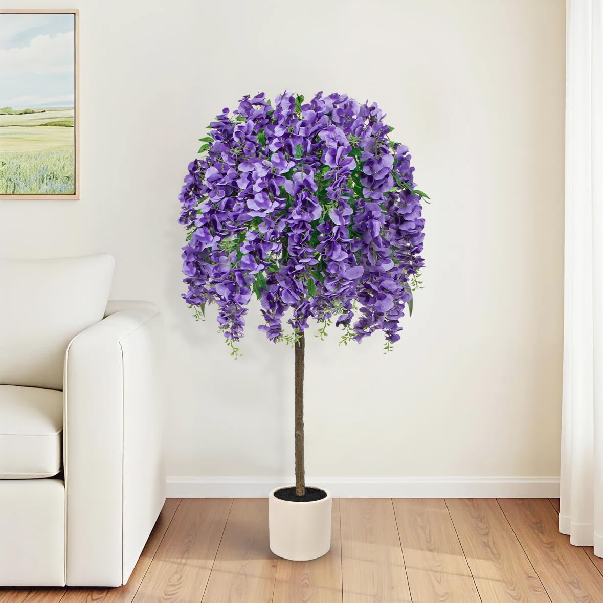 4FT Artificial Wisteria Tree in Pot, Faux Potted Floor Plant with Cascading Flowers, Realistic Fake Tree in Cream White Planter for Home Indoor Living Room Corner, Bedroom & Wedding Decor, Purple