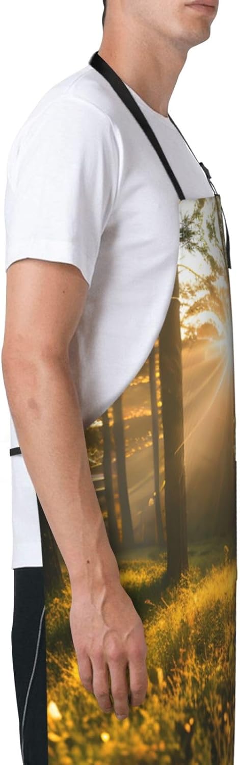 Morning Sunlight in Wilderness print Waterproof chef's apron with pocket apron for kitchen cooking baking barbecue and gardening