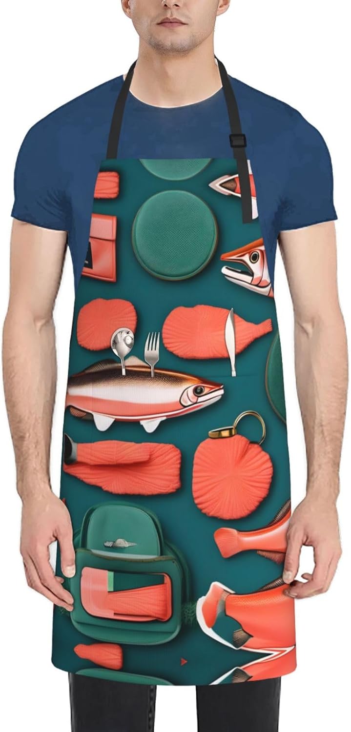 Salmon pattern Print Laundry apron 28x33 In Waterproof Kitchen Apron with Pockets for Cooking Baking