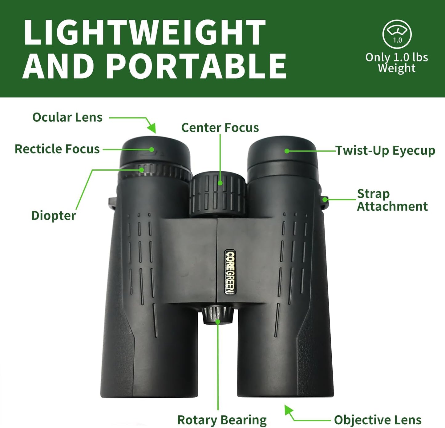 10x42 HD Binoculars for Adults High Powered, Coregreen BAK-4 Prism FMC Lens Professional, Large View Binoculars with Clear Low Light Vision for Bird Watching Hunting Hiking Travel Cruise