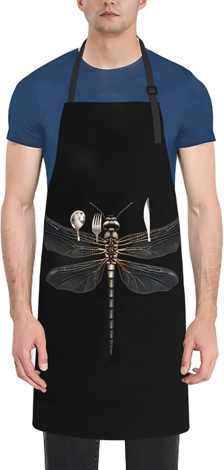 Dragonfly Black print Waterproof apron with pocket adjustable cooking 