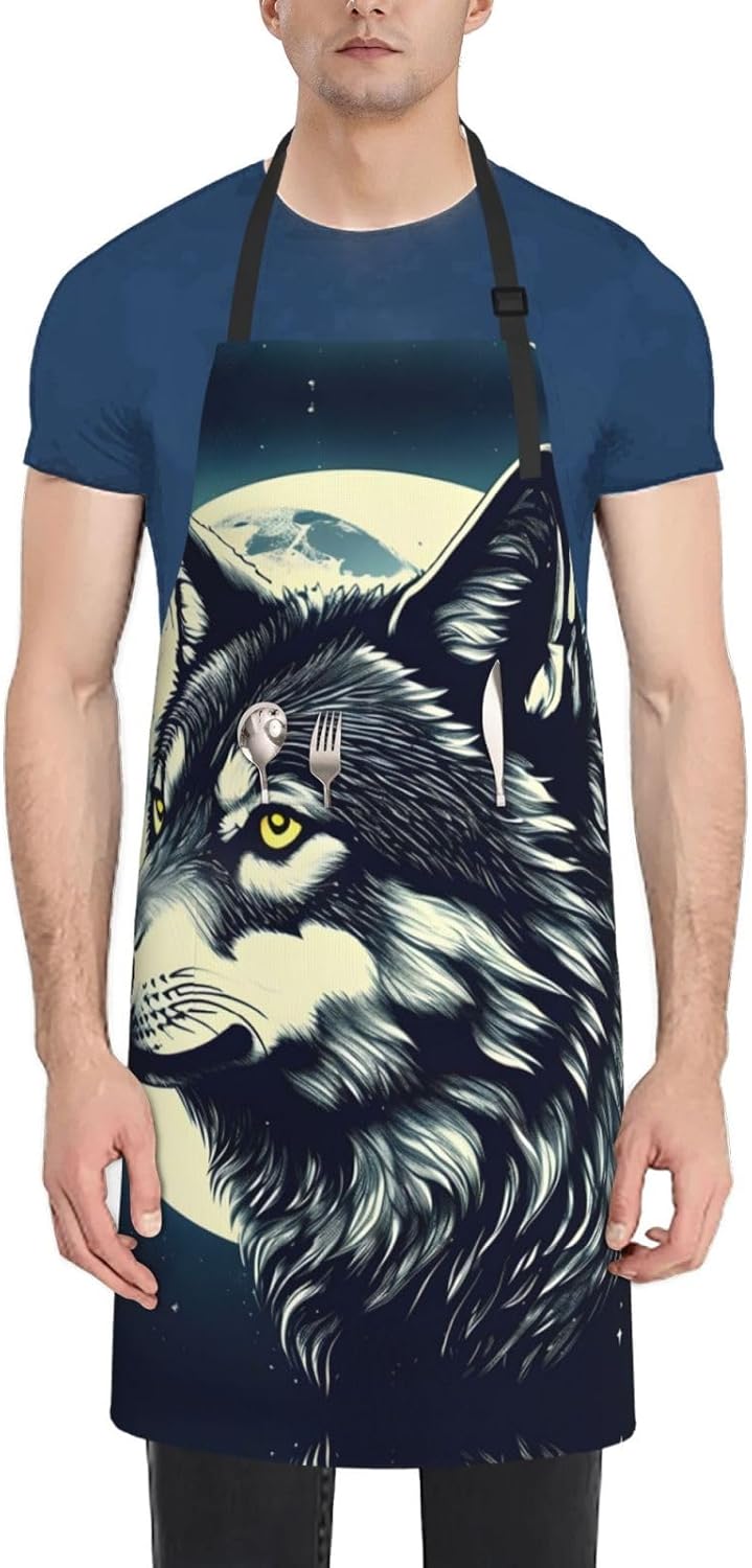 Wolf Night Moon Print 28x33 In Adult Kitchen Apron with Pockets Versatile Chef Smock for Cooking Baking