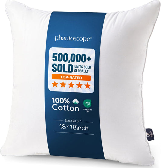 Phantoscope 18x18 Pillow Insert - Throw Pillow Insert with 100% Cotton Cover - 18 Inch Square Form Microfiber Pillow Sham Stuffer - Couch Cushion Pillows, 1 Count (Pack of 1)