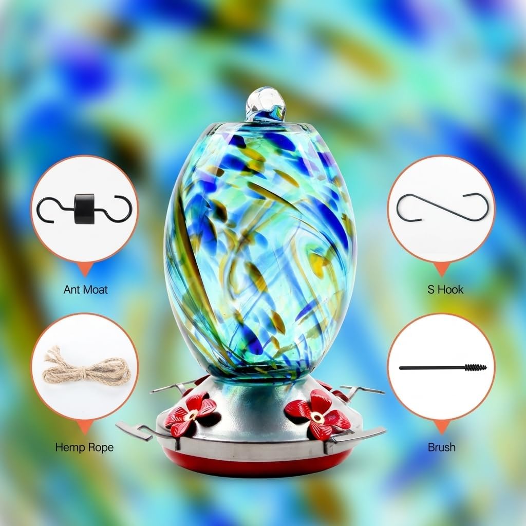 Hummingbird Feeder，34oz Crystal Blue Glass, Leakproof Outdoor Bird Feeder with Built-in Perch, Easy to Clean & Fill，Thoughtful Gardening Gift for Grandma, Women