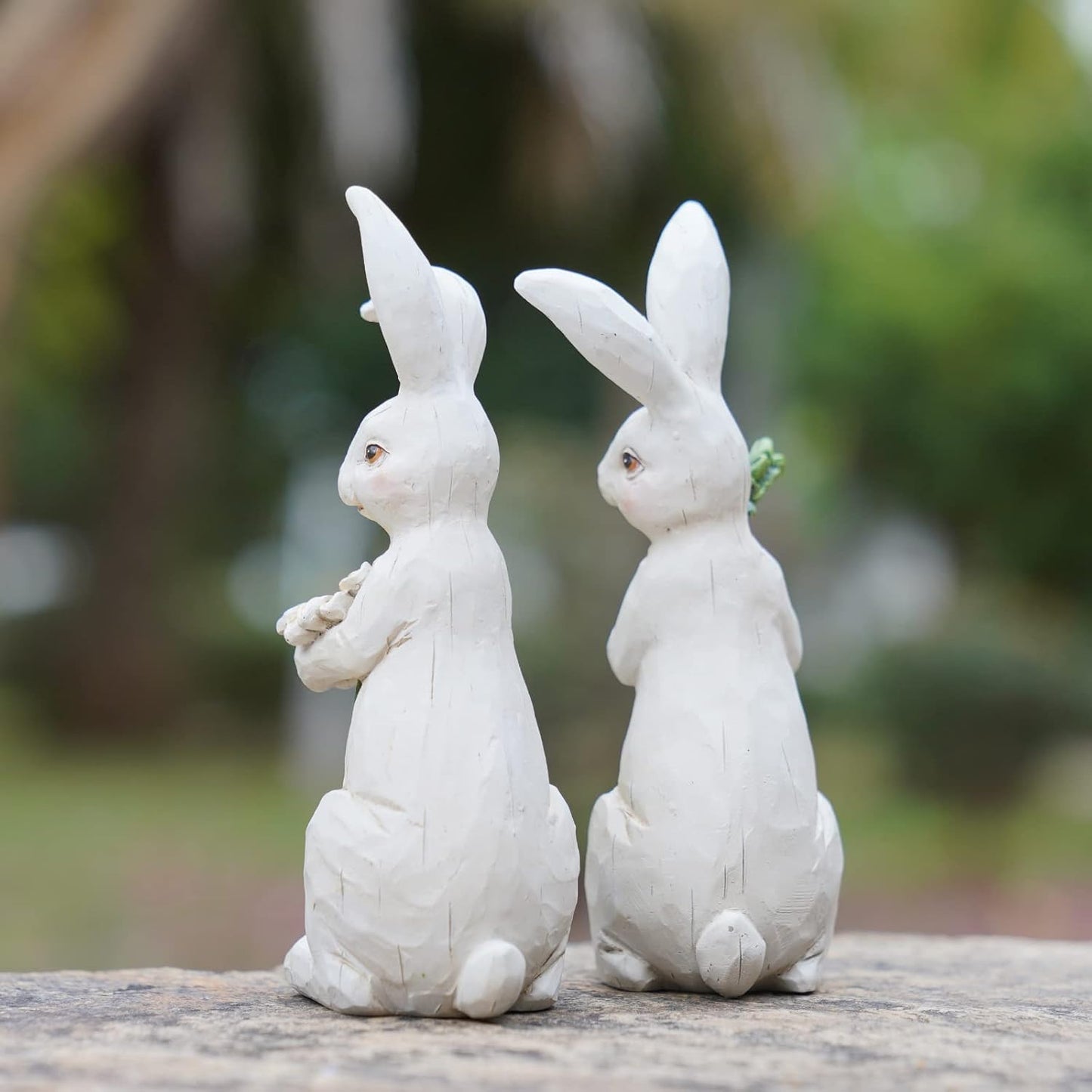 Newman House Studio Easter-Decorations Bunny-Decor Spring-Figurines Table-Centerpiece - 2PC Spring Decorations Resin Rabbits with Carrot and Flower Tabletop Ornaments for Home Farmhouse 4.5H inch