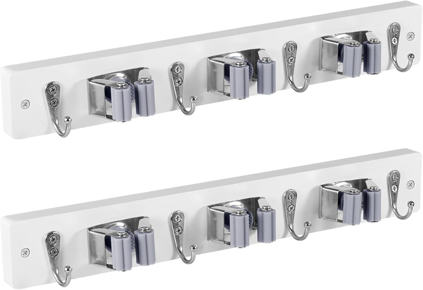 2 Pack White Mop Broom Holder Wall Mount with 3 Slots & 4 Hooks - Rust