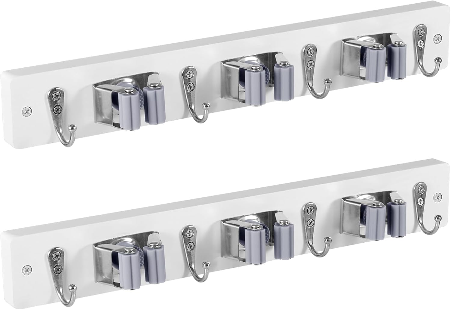 2 Pack White Mop Broom Holder Wall Mount with 3 Slots & 4 Hooks - Rust