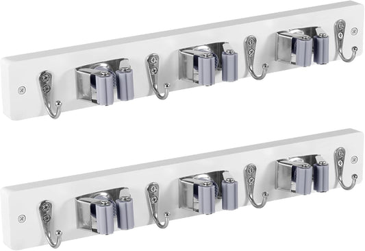 2 Pack White Mop Broom Holder Wall Mount with 3 Slots & 4 Hooks - Rust