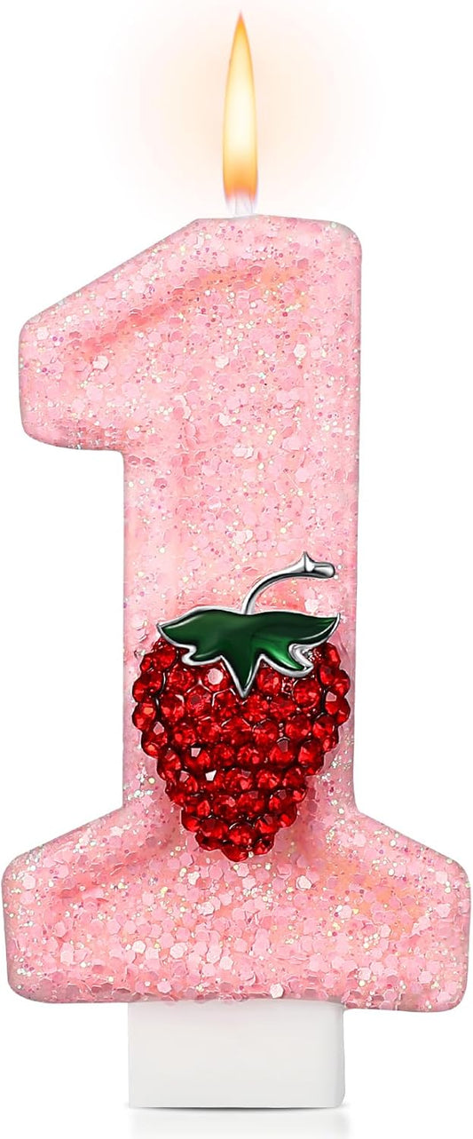 Strawberry 1 Candle for First Birthday Pink Number 1 Candle Berry One Glitter Cake Topper for Strawberry 1st Birthday Party Supplies Anniversary Decorations