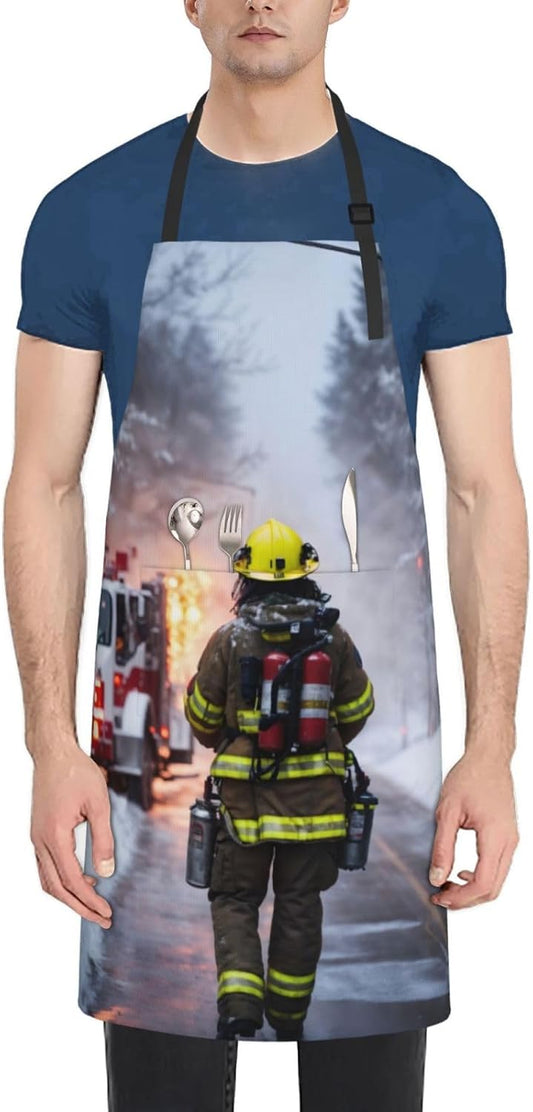 Firefighter Fireman Flame print Waterproof chef's apron with pocket apron for kitchen cooking baking barbecue and gardening