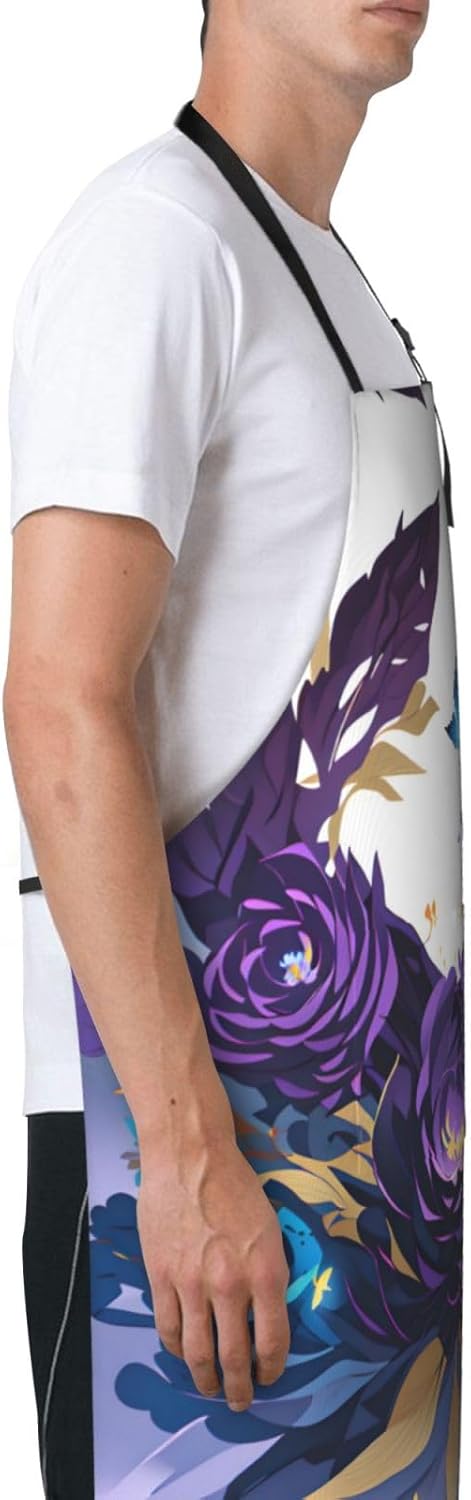 Purple Butterfly print Waterproof chef's apron with pocket apron for kitchen cooking baking barbecue and gardening