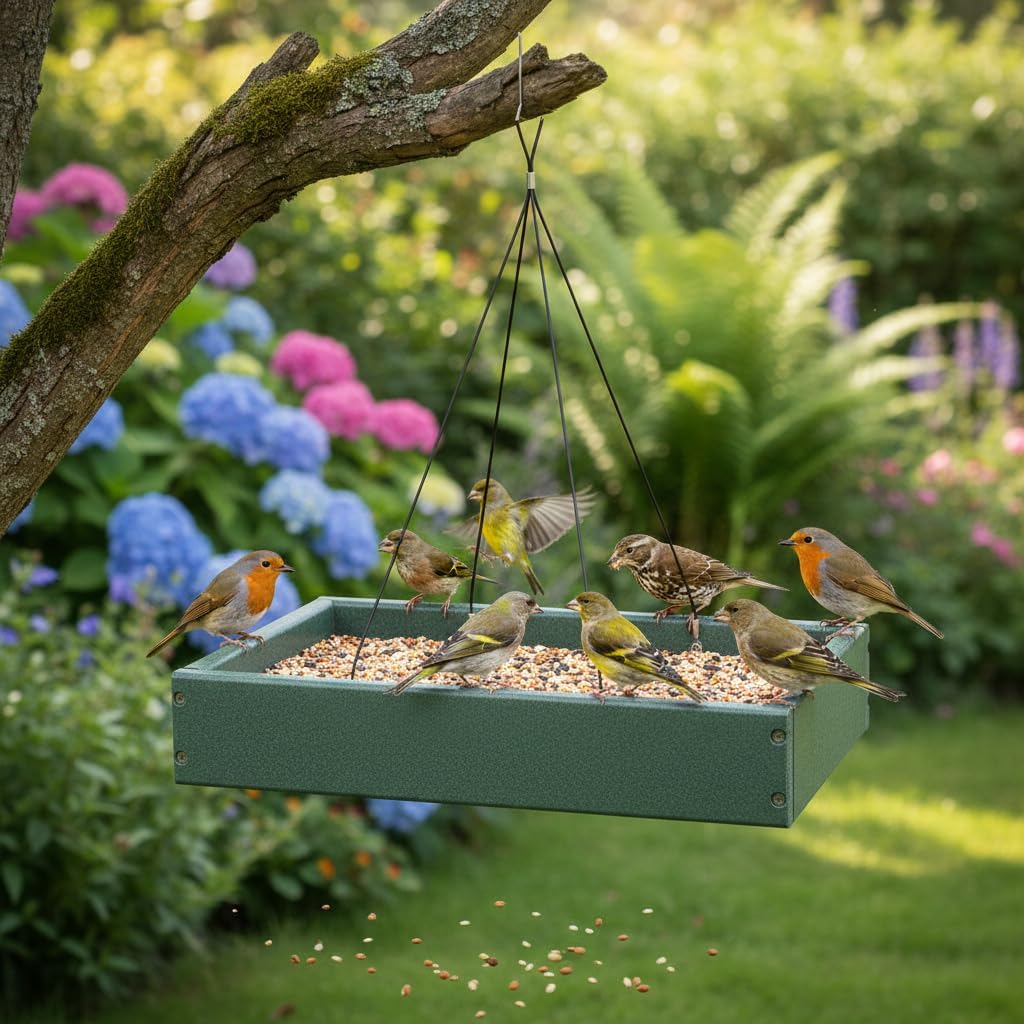 Ground Bird Feeder Tray with Metal Mesh, 5 lb Large Capacity Platform Feeder for Cardinals Blue Jays Doves, Recycled Plastic Outdoor Bird Feeder Stand for Backyard Wild Birds, Squirrels & Chickens