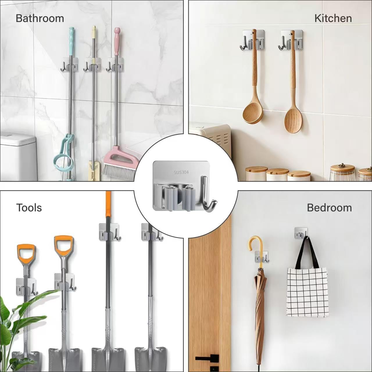 5 Pack Mop and Broom Holder Wall Mount, Silver Stainless Steel Mop and Broom Hanger with Hooks, Mop Broom Organizer for Closet Laundry Garage Garden Tool Organizer (Silver)
