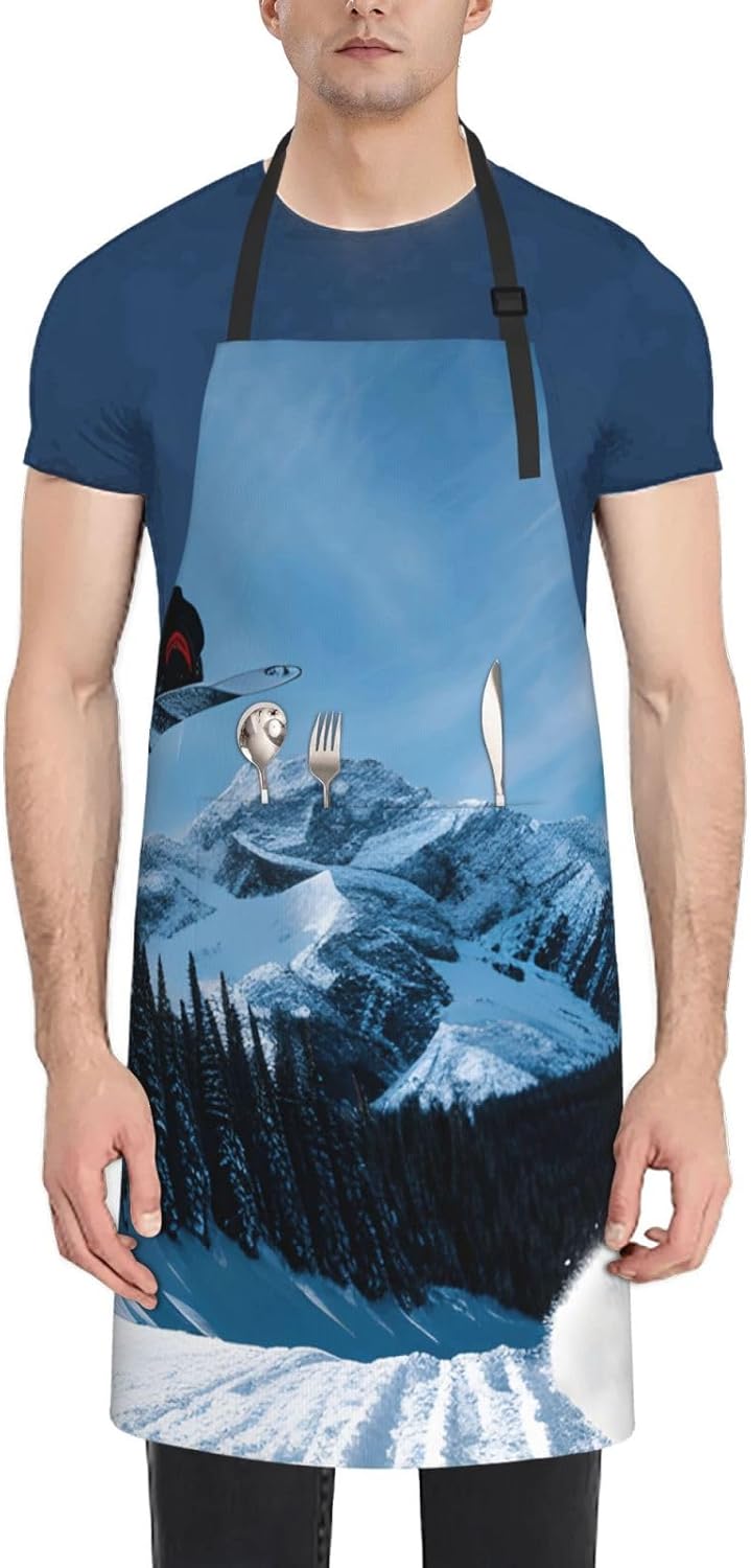 YANYU Snowboarding Print 28x33 In Kitchen Apron Stylish Chef Apron with Pockets for Cooking Baking Painting