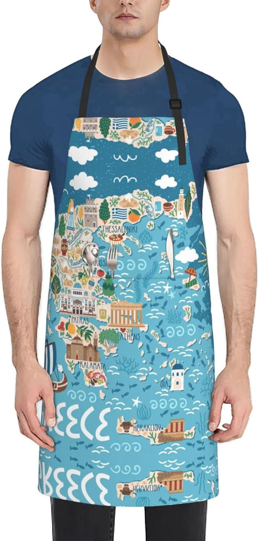 Greece Map print Waterproof apron with pocket adjustable cooking apron