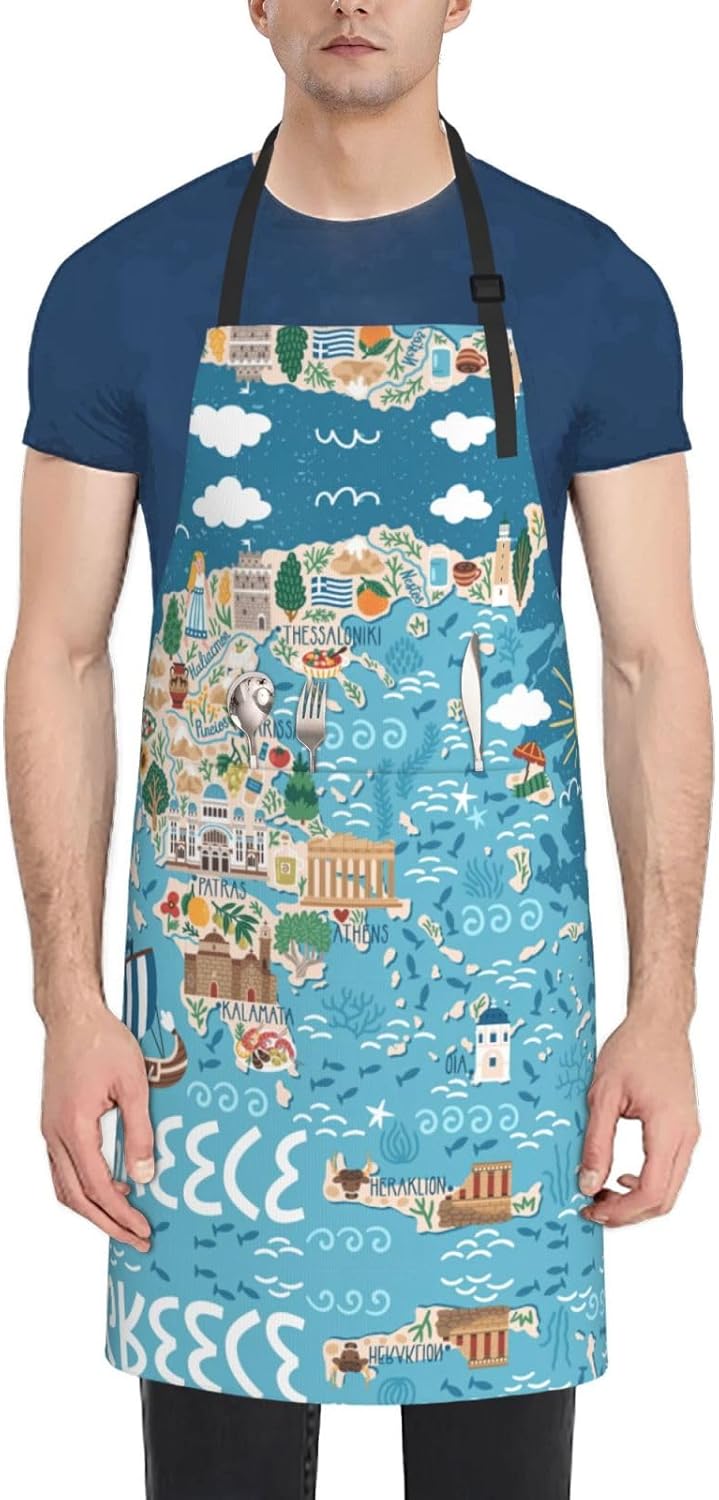 Greece Map print Waterproof apron with pocket adjustable cooking apron for adult kitchen bibs to bake