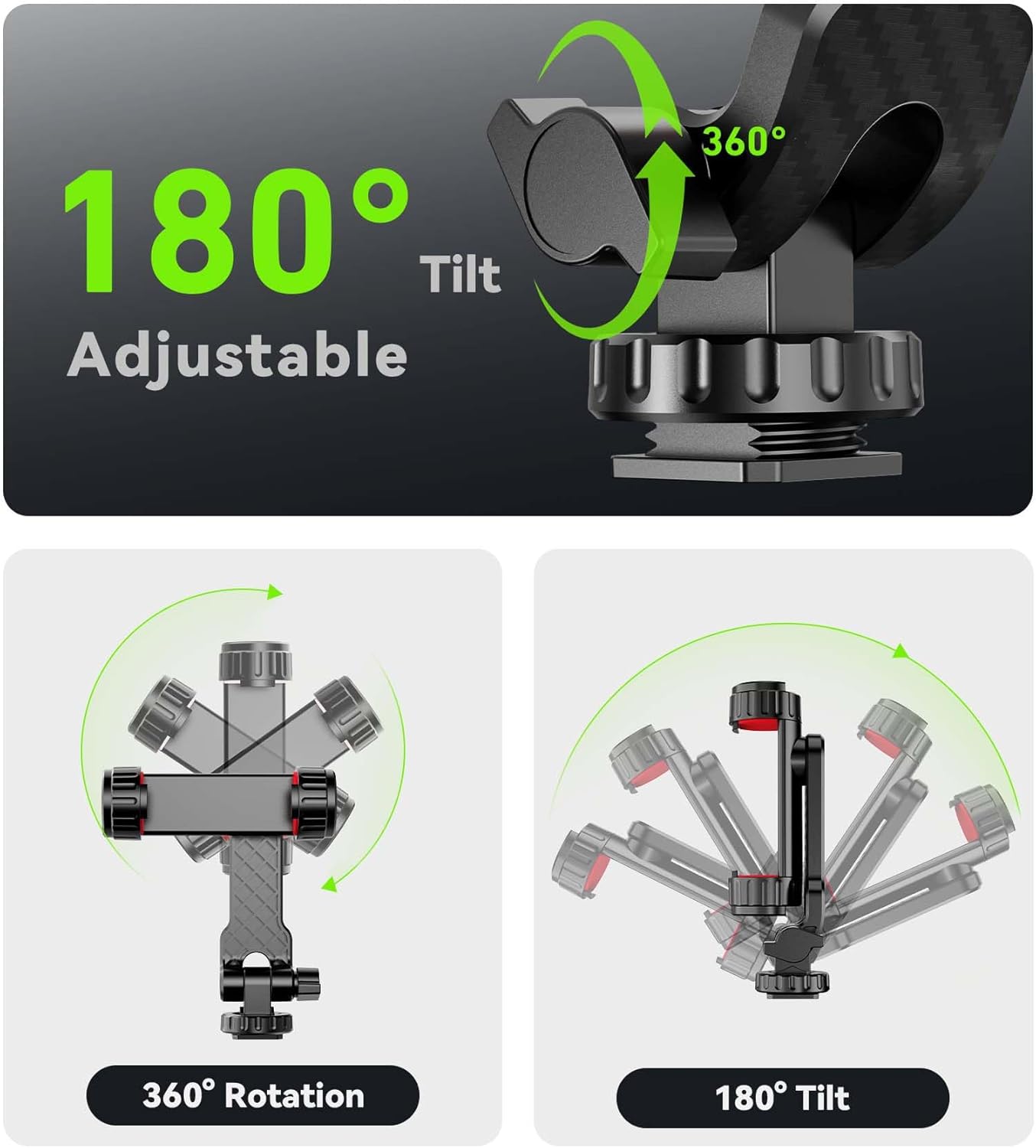 Phone Tripod Mount, Universal Smartphone Holder with 2 Cold Shoe Mount Adapter and 1/4" Standard Screw Thread, 360°Rotation & 180°Tilt Phone Clamp Compatible with iPhone & Android for Photography