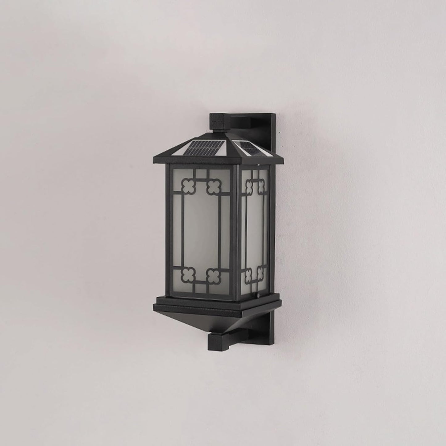 Solar Outdoor Wall Lantern IP65 Waterproof, Black Exterior Sconce Lamp with Auto On/Off, Simple LED Light Fixture, Frosted Tempered Glass Panels for Garden, Courtyard, Patio, Gate, Pathway