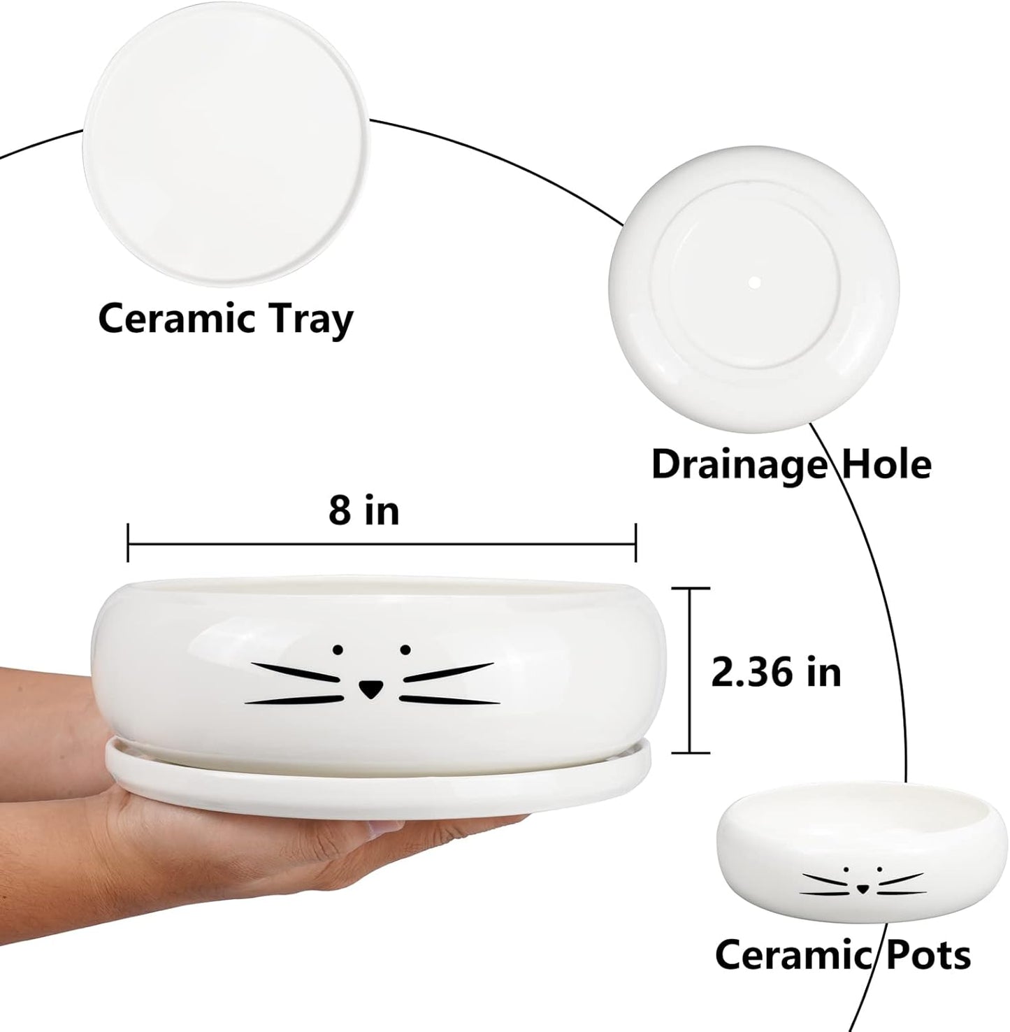 Koolkatkoo 8 Inch Large Cute Cat Ceramic Succulent Planter Pots with Removable Saucer Unique Porcelain Cactus Planters Decorative Flower Pot for Cat Lovers White
