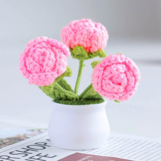 Mini Potted Artificial Crochet Rose Flower with White Pot,2Pcs Hand-Kn