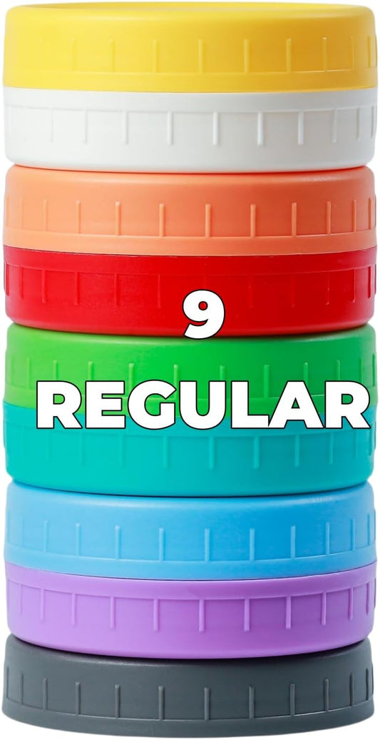 9Pcs Mason Jar Lids, Regular Mouth Plastic Mason Lids, Leak Proof Canning Lid with Silicone Ring for Ball, Kerr and More, Reusable Can Tops, Colored Caps Covers for Jars