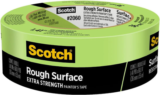 Scotch Rough Surface Extra Strength Painters Tape, 1.5 Inch Wide (1.41 in. X 60 Yds) 1 Roll, Green Tape Protects Surfaces and Removes Easily, Painting Tapes for Indoor and Outdoor Use (2060-36AP)