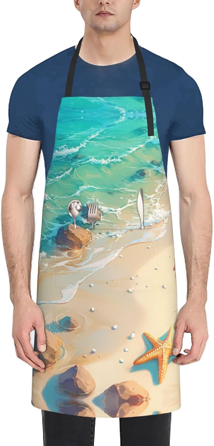 Beach Starfish print Waterproof apron with pocket adjustable cooking apron for adult kitchen bibs to bake