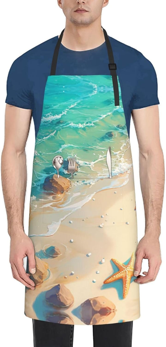 Beach Starfish print Waterproof apron with pocket adjustable cooking apron for adult kitchen bibs to bake