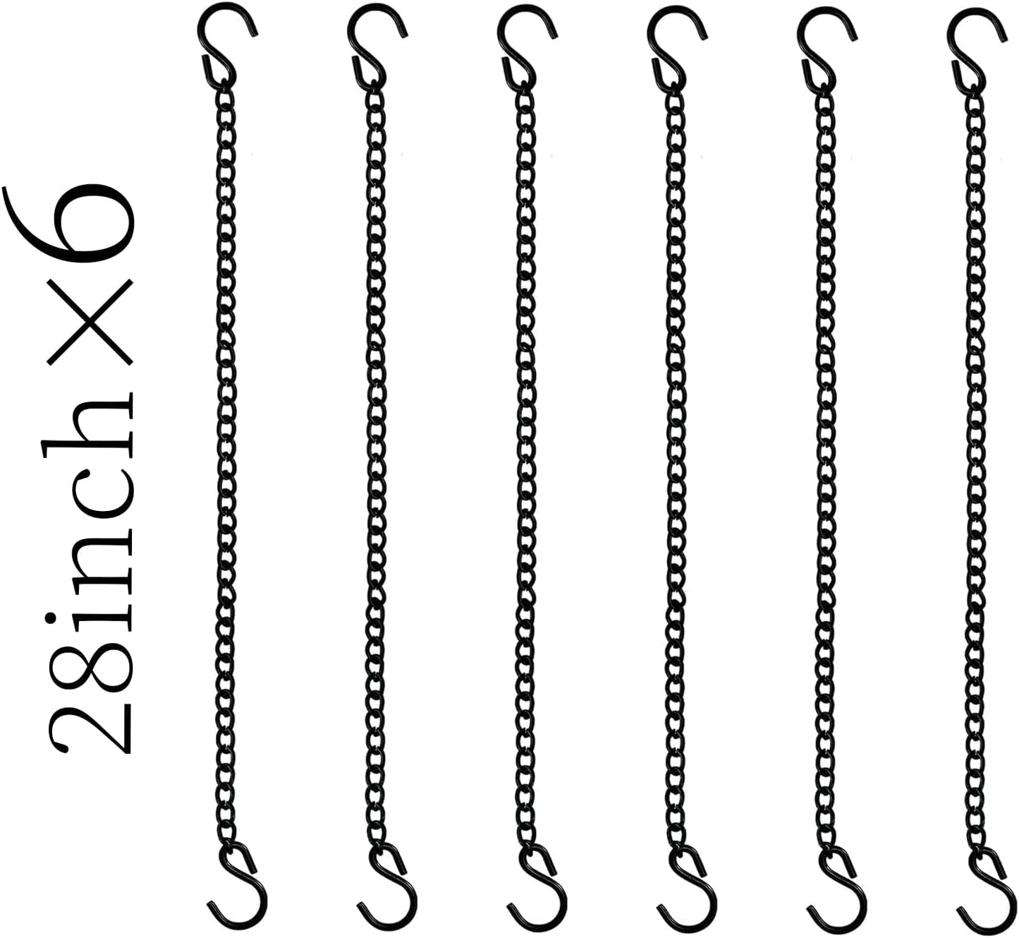 28 inch Hooked Hanging Chain, Used for Bird feeders, Bird Baths, hydroponic Plants, Lanterns, Wind Chimes, Flower Baskets, billboards, and Decorative Purposes, 6 Pieces in Black