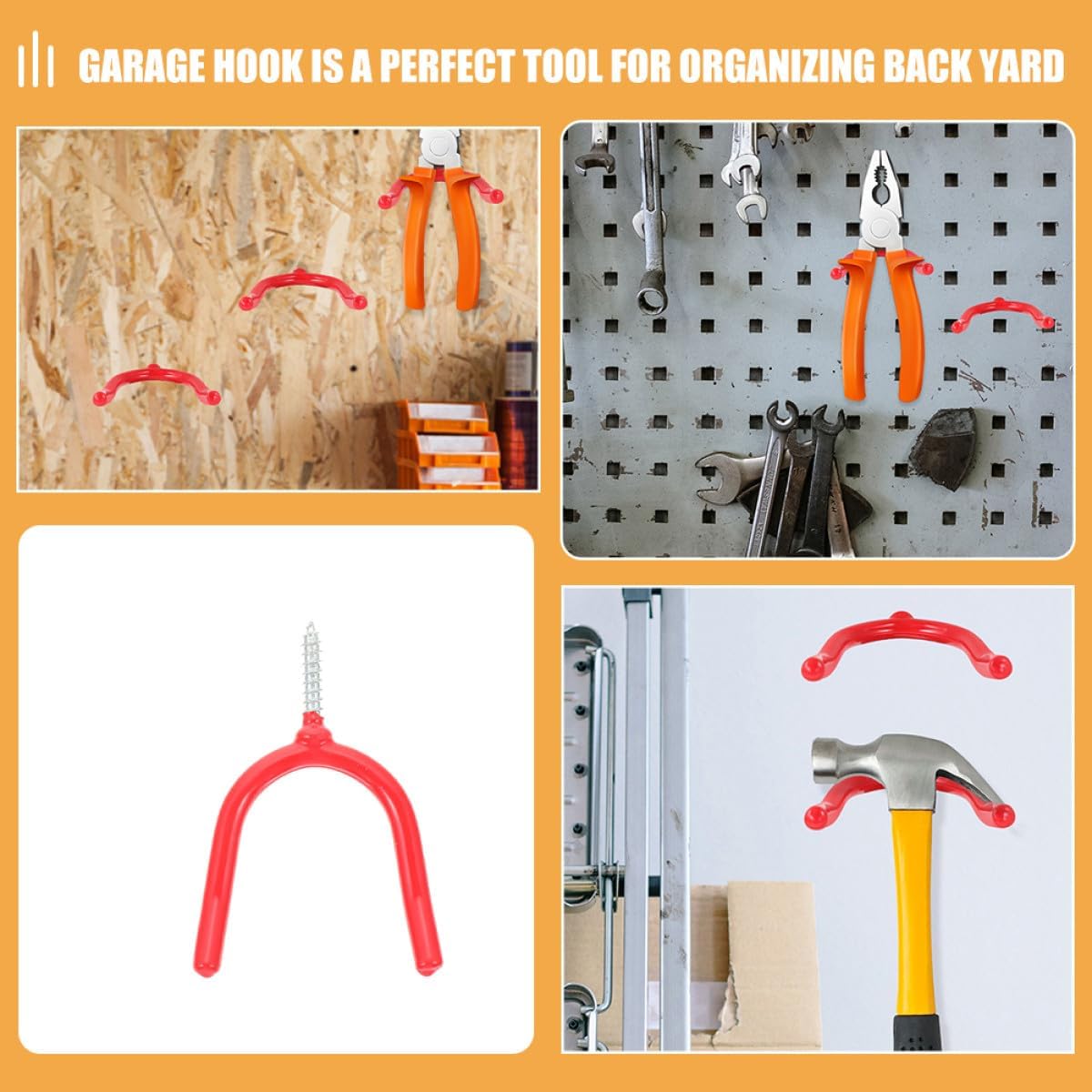 BESTOYARD 12pcs Heavy Duty Garage Hooks Wall Mount Tool Hangers Utility Hooks for Garden Tool Storage and Mop Broom Organizer in Red