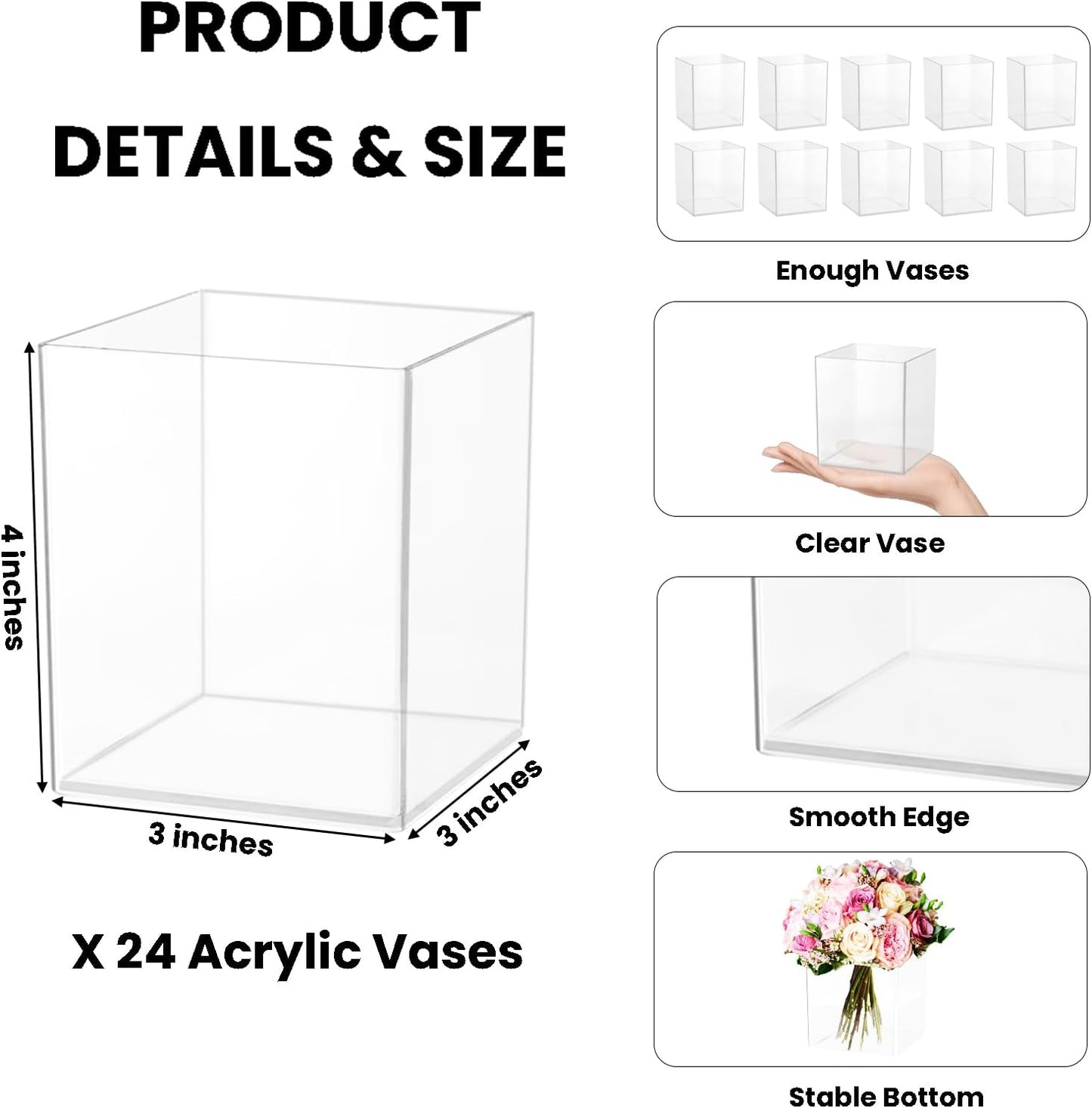 24 Pack Acrylic Vases for Centerpiece, Acrylic Cube Plastic Flower Vase Bulk Succulent Pots Planters Clear Small Square Opening Plastic Vases for Centerpiece Wedding Party Home Office, 4 x 3 x 3 Inch