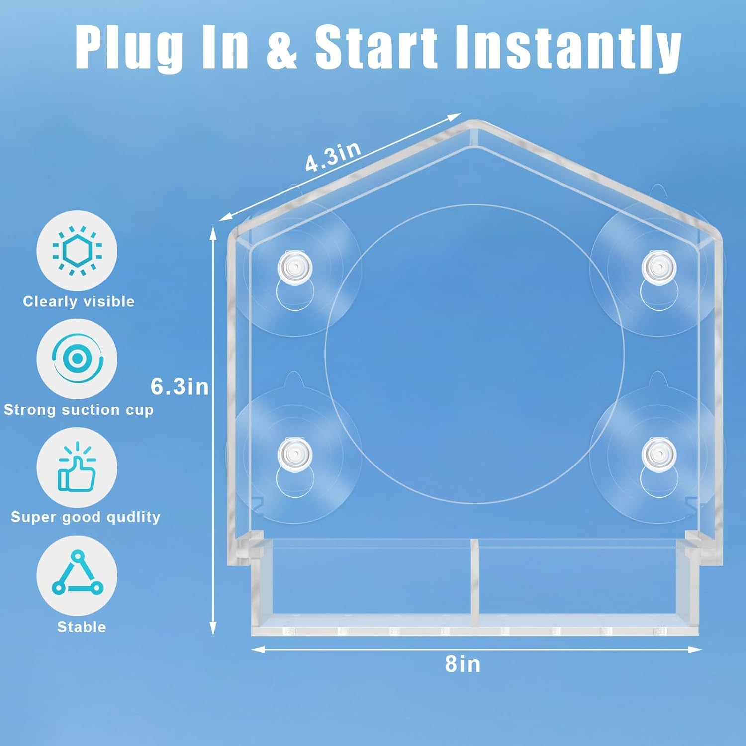 Window Bird Feeder with 4 Strong Suction Cups, Sturdy and Durable Acry