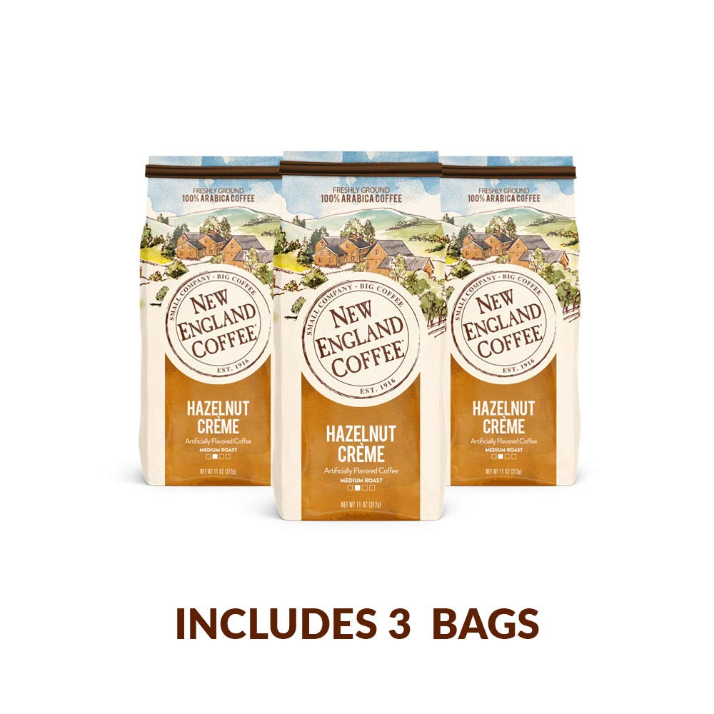 New England Coffee Hazelnut Crème Medium Roast Ground Coffee, 11oz Bag (Pack of 3)