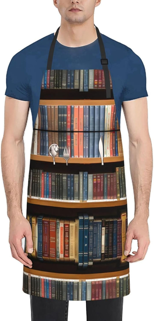 library bookshelf 1 print Waterproof chef's apron with pocket apron for kitchen cooking baking barbecue and gardening